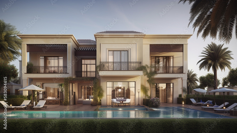 Luxury villa architecture from outside, Dubai UAE. Illustration for inpiration or real estate advertisement.