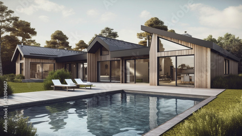 Luxury H-Shaped Scandinavian House with Grey Ash Wood and Glass Design and Beautiful Garden, Pool and Decking. © Artofinnovation
