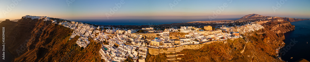 Panoramic aerial view of Oia city and the whole island of Santorini Greece