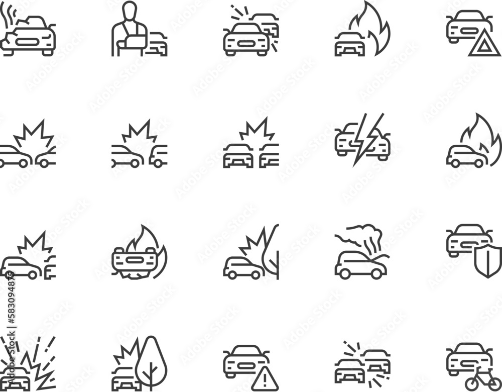 Car accident. Car collision, road traffic accident, broken car, injured person. Vector Line Icons Set. Editable Stroke. Pixel Perfect.