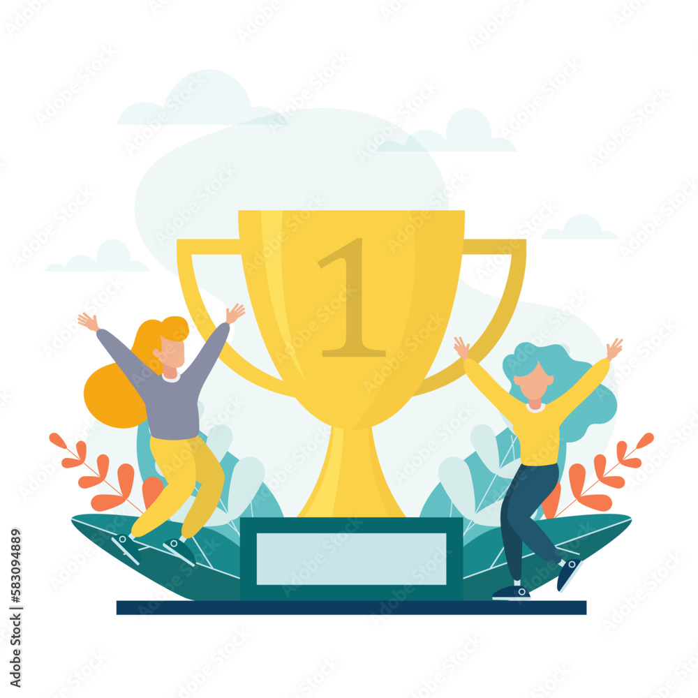 Employee recognition or best employees of the month business concept flat design vector illustration. Young girls jump into the air with a trophy.
