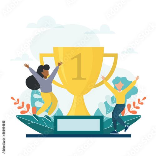 Employee recognition or best employees of the month business concept flat design vector illustration. Young girls jump into the air with a trophy.
