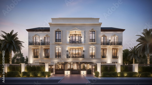 Luxury villa architecture from outside, Dubai UAE. Illustration for inpiration or real estate advertisement.