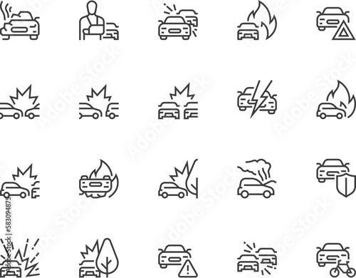 Car accident. Car collision, road traffic accident, broken car, injured person. Vector Line Icons Set. Editable Stroke. Pixel Perfect.