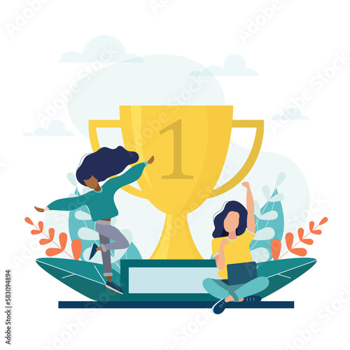 Employee recognition or best employees of the month business concept flat design vector illustration. Young girls jump into the air with a trophy.
