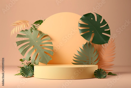 Stone monochrome catwalk, cosmetics stand with green palm leaves on a light green background, modern mockup, copy space. Generative AI.