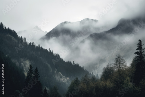 Misty landscape with mountains created with AI   © thejokercze