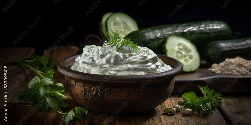 Obraz premium A bowl of creamy tzatziki dip with cucumber and garlic generated by AI