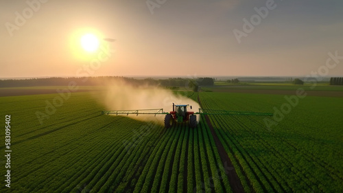 Farmer on a tractor spraying pesticides on a green soybean plantation at sunset, aerial drone view..
Farming industry.