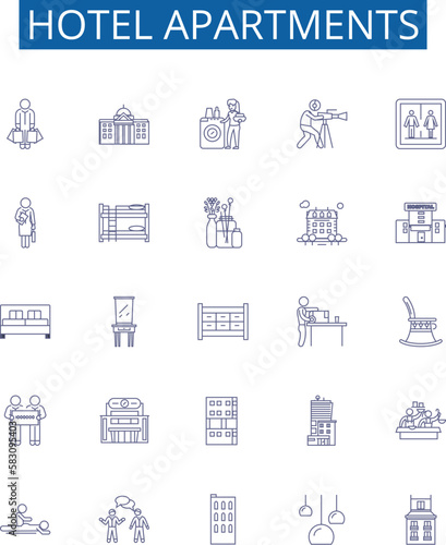 Hotel apartments line icons signs set. Design collection of Hotel, Apartments, Accommodation, Lodging, Suites, Residence, Hostel, Flat outline concept vector illustrations