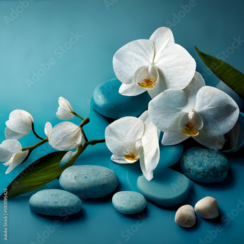 branch of orchids with stone on blue background .ai generated