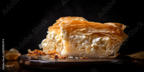 A slice of tyropita, a Greek cheese pie with feta and phyllo dough generated by AI