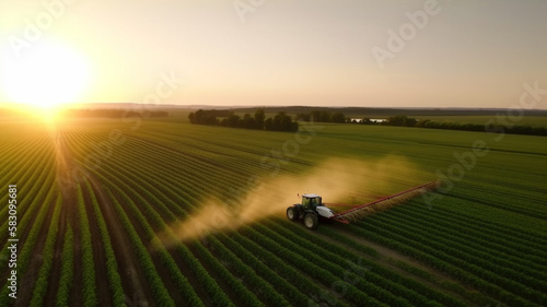 Farmer on a tractor spraying pesticides on a green soybean plantation at sunset, aerial drone view.. Farming industry.