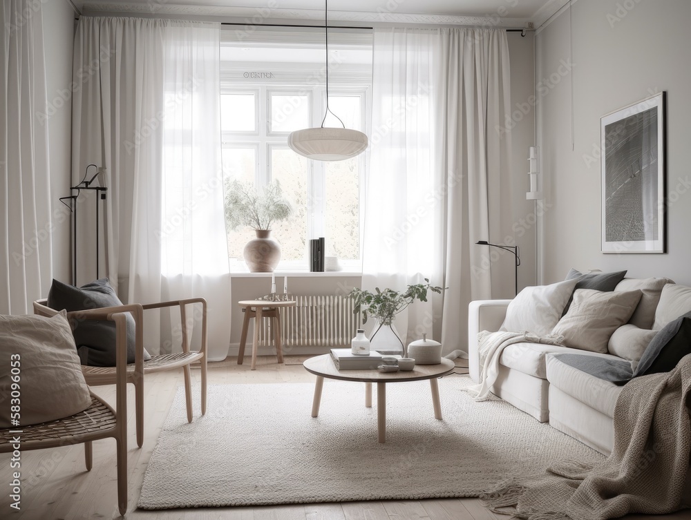 Scandinavian interior style livng room with sofa, coffee table and decoration. Generatvie AI