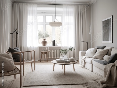 Scandinavian interior style livng room with sofa, coffee table and decoration. Generatvie AI © Natee Meepian
