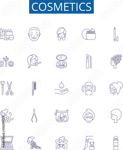 Cosmetics line icons signs set. Design collection of Makeup, Skincare, Fragrance, Haircare, Concealer, Eyeliner, Lipstick, Foundation outline concept vector illustrations