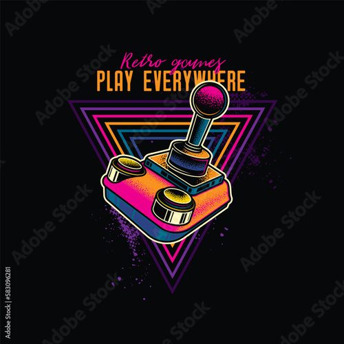 Retro joystick from 8-bit consoles. Vector illustration in neon style. T-shirt design, design element.