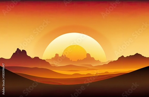 Orange sunset over mountains landscape