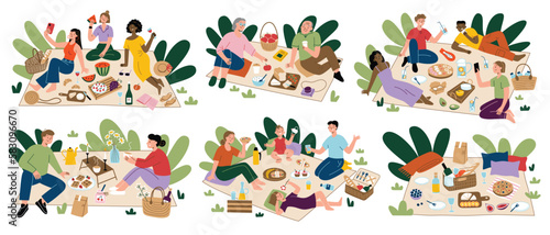 Fototapeta Naklejka Na Ścianę i Meble -  People enjoying picnic in summer. Collection of hand drawn scenes with friends, families spend time outdoors, cartoon picnic blankets and baskets set. Vector illustration of eating, having fun outside