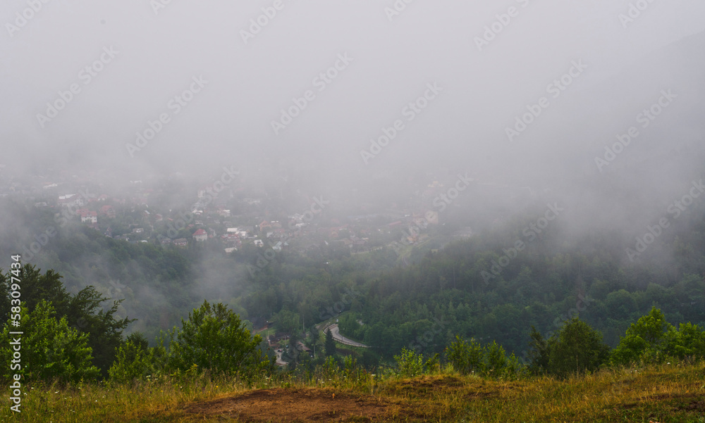 fog under carpathian mountains