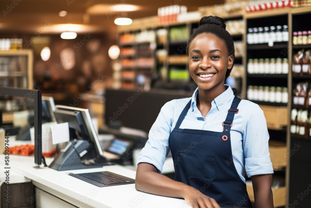 Portrait of smiling cashier in supermarket Portrait of smiling cashier in supermarket