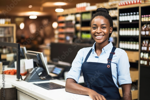 Portrait of smiling cashier in supermarket