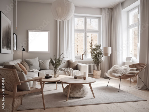 Stylish scandinavian living room with beautiful furniture and decor. Generative AI