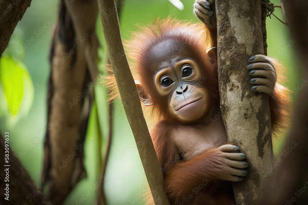 Fototapeta premium a cute baby orangutan is holding on to the tree in the jungle. Generative AI