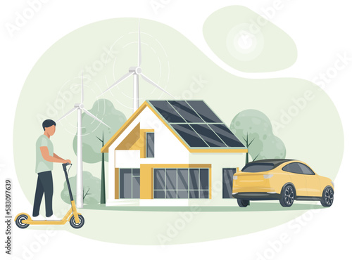 The concept of alternative electricity. Clean green energy from renewable sources concept. Modern eco house with windmills and solar energy panels, electric car.