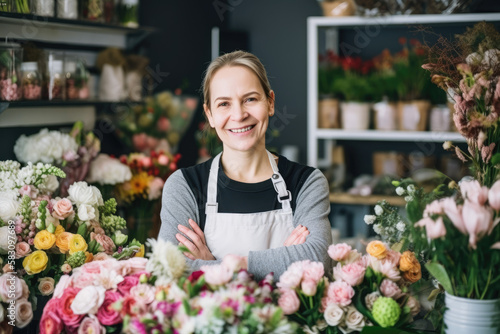 Portrait of smiling florist in flower shop © thejokercze