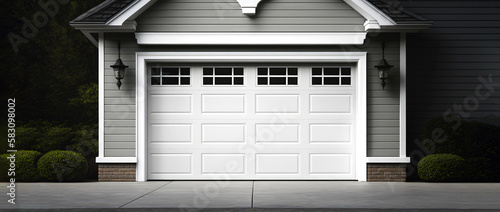A typical garage door background. A typical American white garage door with a driveway in front. Generative AI.  photo