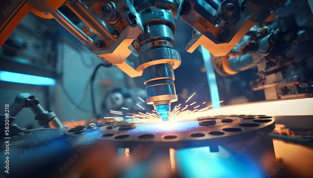 Futuristic robot working to build new robots in a factory, Colourful laser light, Generative AI Futuristic robot working to build new robots in a factory, Colourful laser light, Generative AI