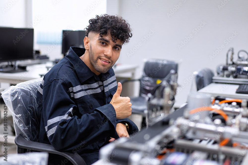 Engineer sitting in robot fabrication room quality checking electronic control board engineering Engineer sitting in robot fabrication room quality checking electronic control board engineering