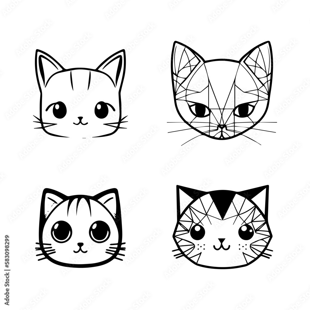 cute anime cat head collection set hand drawn line art illustration