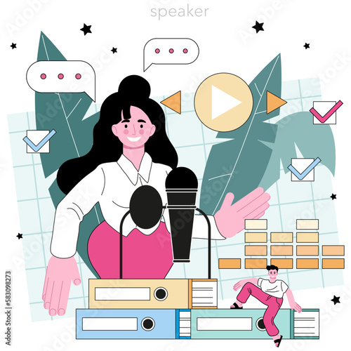 Speaker concept. Voice actor dubbing a movie, audio book or radio