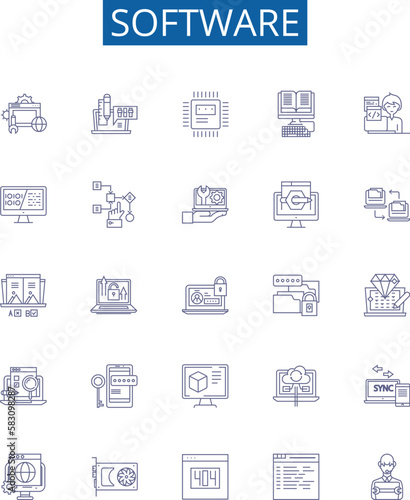 Software line icons signs set. Design collection of Software, program, applications, code, executable, software system, patch, install outline concept vector illustrations
