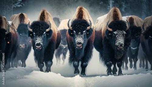 A herd of bison under the snow in winter - generative ai