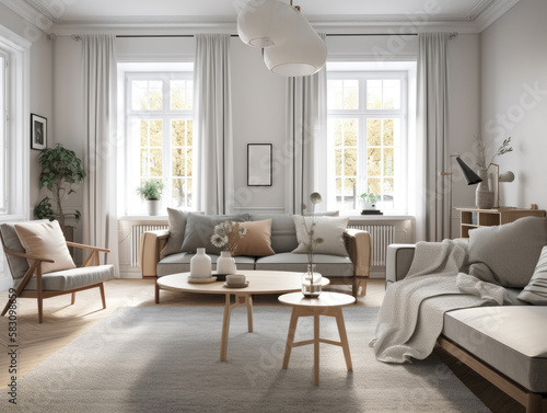 Comfy scandinavian interior living room design with furniture and decorations. Generative AI © Natee Meepian