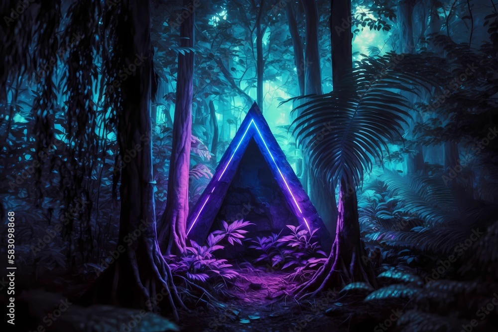Fototapeta premium Bright purple neon triangle in the forest, in the jungle. Background with smoke. Generative AI