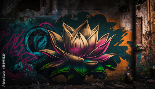 Lotus flower graffiti on a grunge wall, Wallpaper, Background, Generative AI