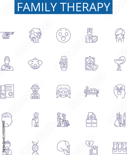 Family therapy line icons signs set. Design collection of family, therapy, counselling, parent child, spouses, marriage, communication, mental outline concept vector illustrations