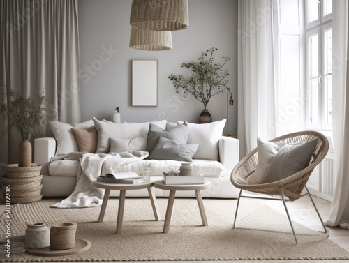 Scandinavian interior style livng room with sofa, coffee table and decoration. Generatvie AI photo