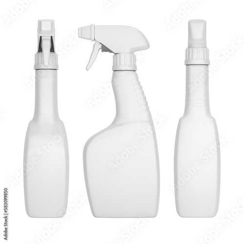 Front and side views of white, blank plastic spray bottle / container with no label, image without background.	 

