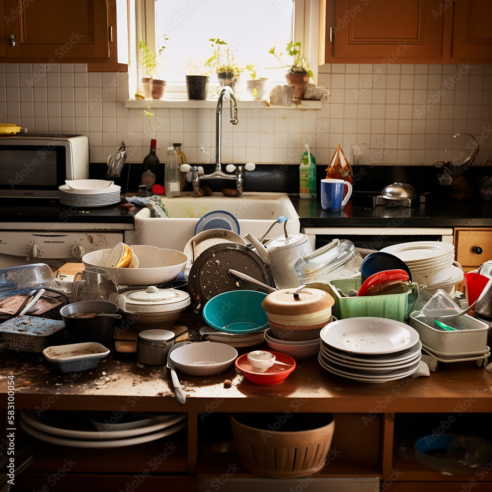 generative ai illustration of kitchen cluttered with dirty dishes generative ai illustration of kitchen cluttered with dirty dishes