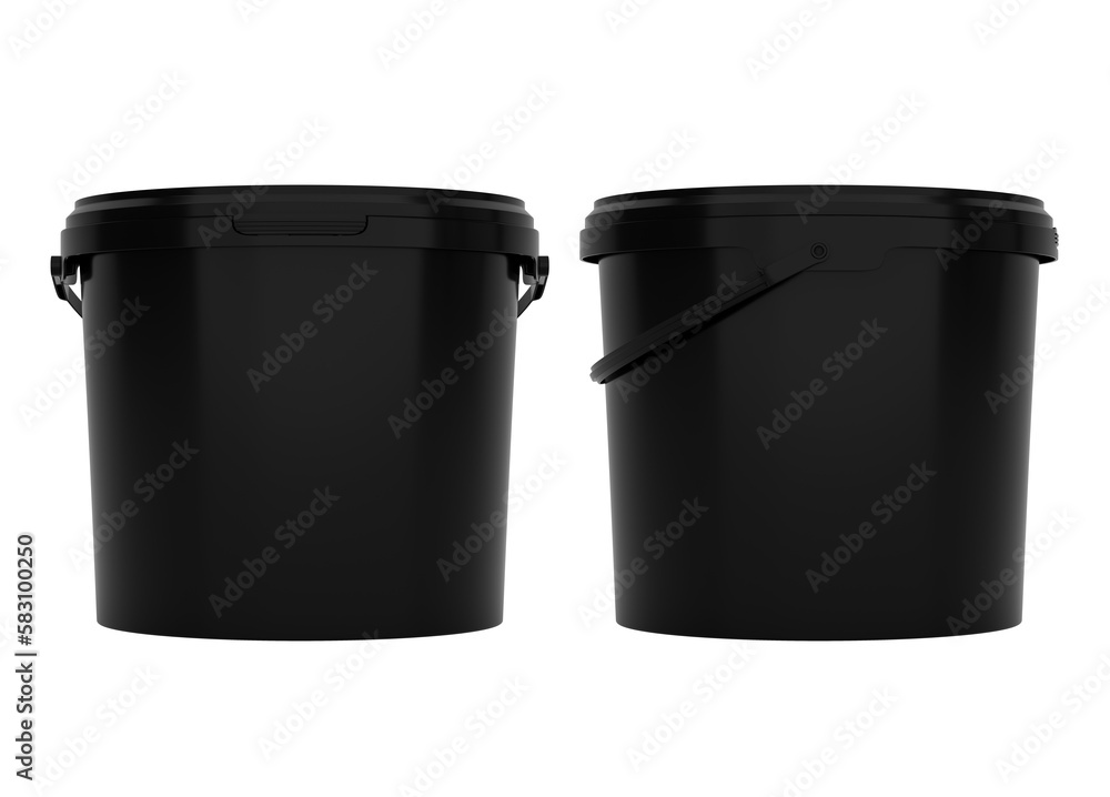 Front and side views of black, blank 5l plastic paint can / bucket / container with handle, with no label, image without background.
Front and side views of black, blank 5l plastic paint can / bucket / container with handle, with no label, image without background.