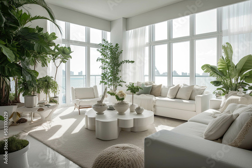 Large airy livingroom interior with windows open to the ocean and lots of plants