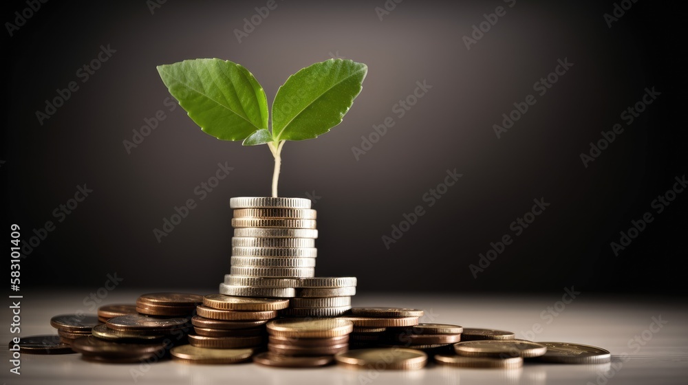 Plant growing with coins, representing the concepts of money-saving, finance, and investment. Generative AI
Plant growing with coins, representing the concepts of money-saving, finance, and investment. Generative AI