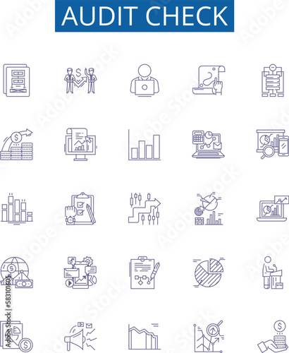 Audit check line icons signs set. Design collection of Inspection, Assessing, Verifying, Evaluation, Examining, Monitoring, Scrutiny, Checking outline concept vector illustrations