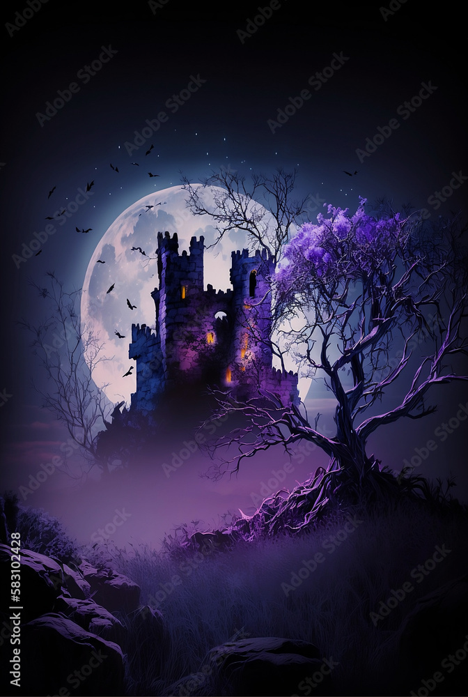 mysterious foggy landscape with castle at night