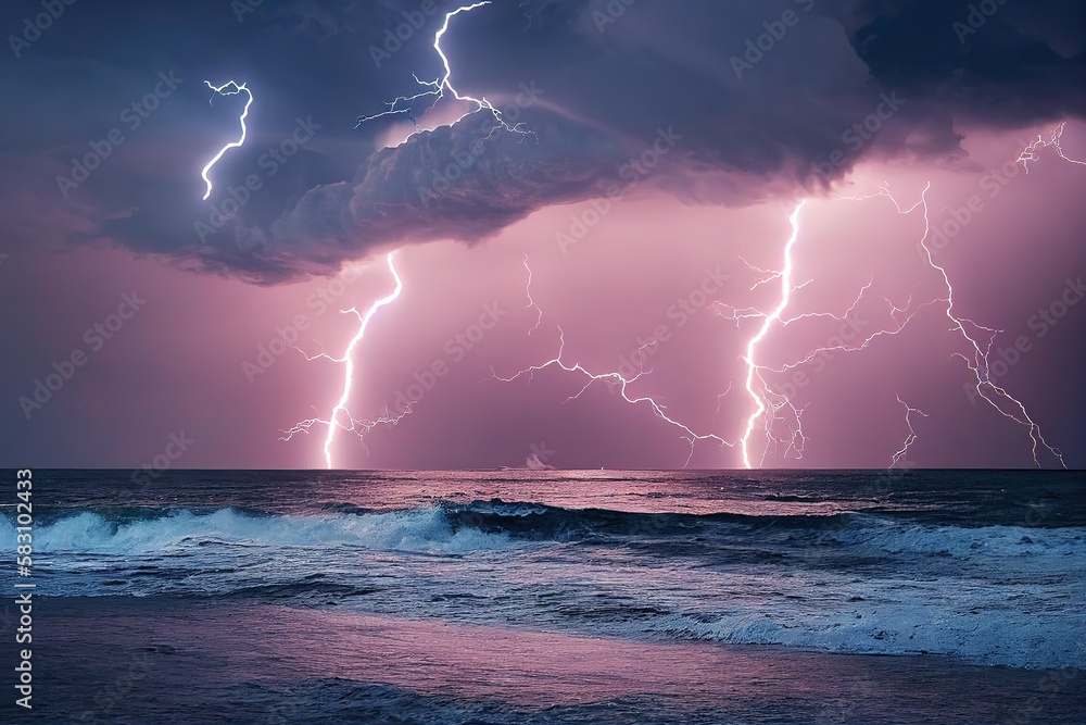 Lightning and thunderstorm supercell flash over seascape natural